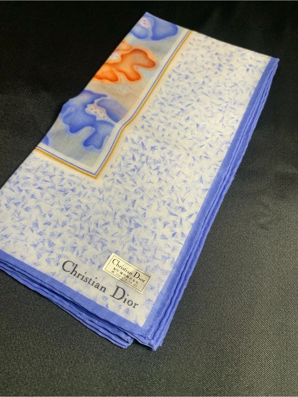 Dior Light Blue, White & Orange Scenic Motif Mini Scarf